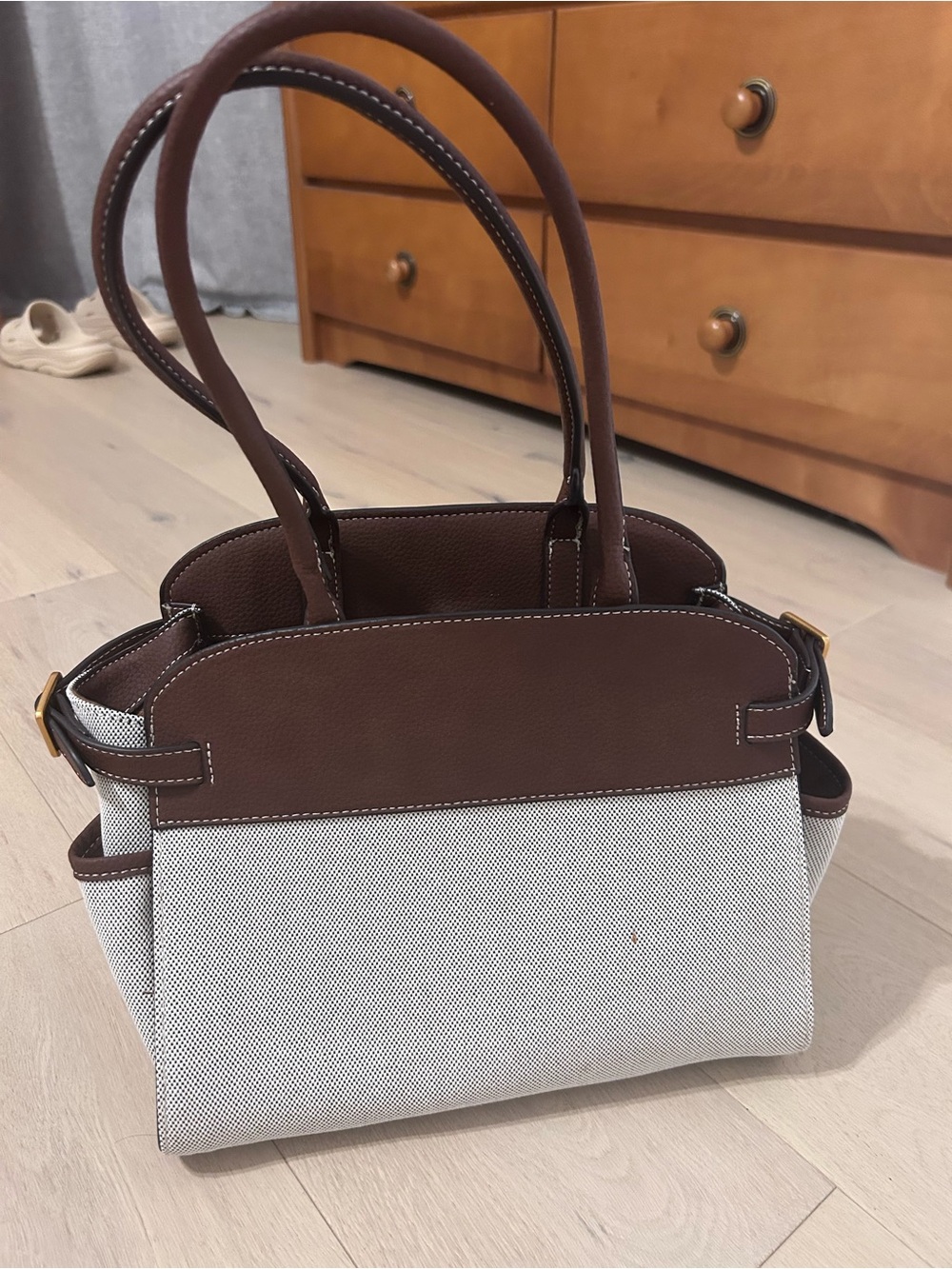 Zara Cream Canvas Tote with Brown Leather Trim